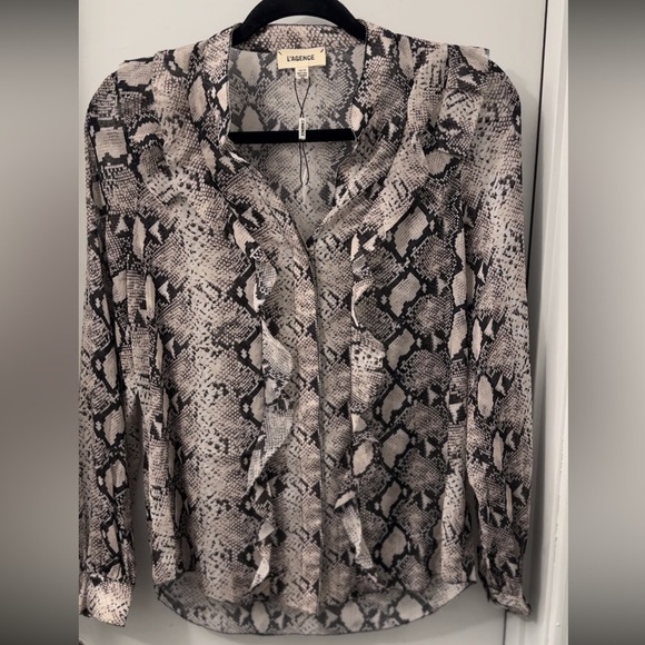 L'Agence Black Cream Ruffled Chiffon Snakeskin Blouse - Picture 1 of 13